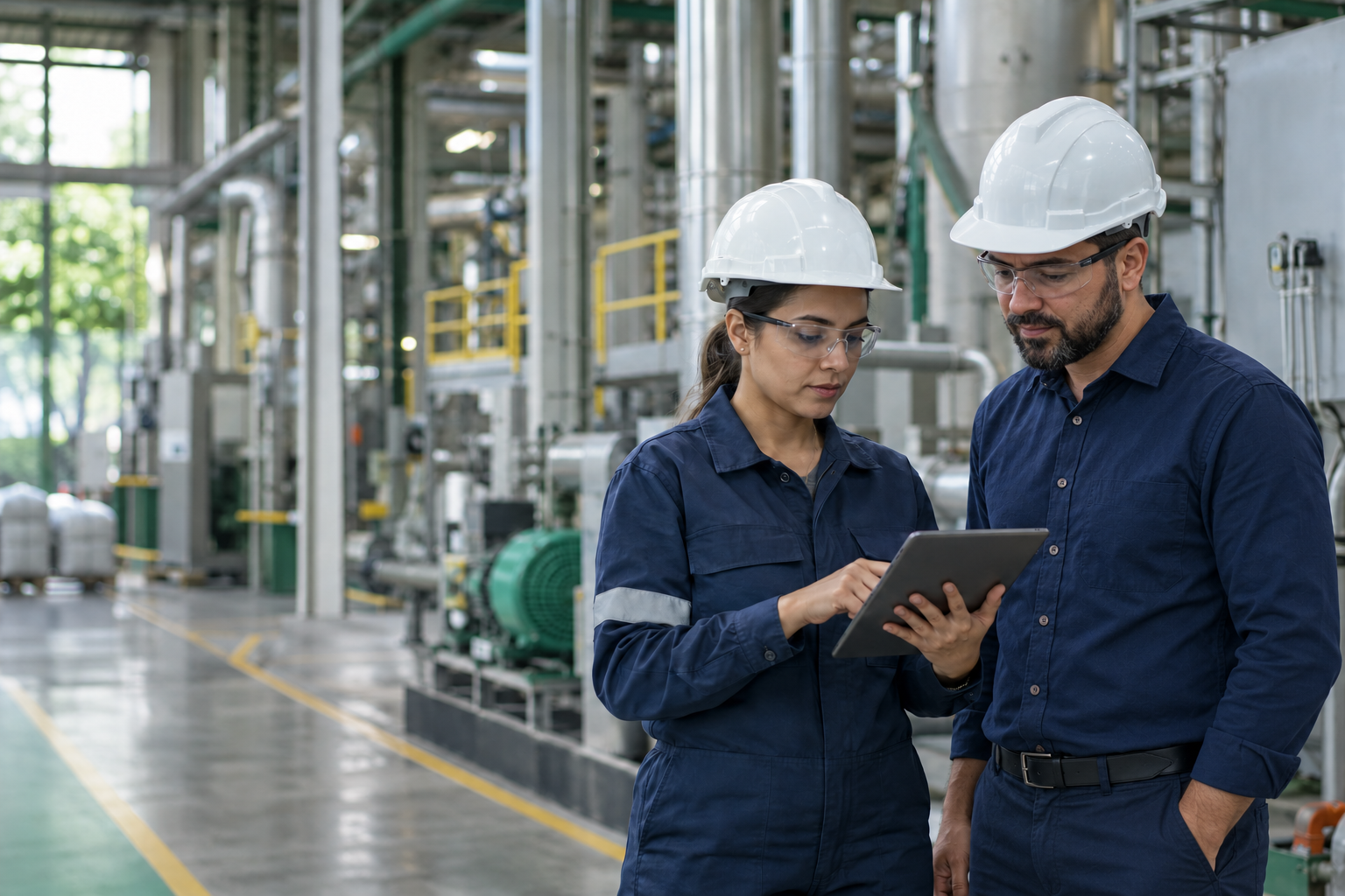 Dayvson Nunes e profissional de segurança analisando um tablet em ambiente industrial